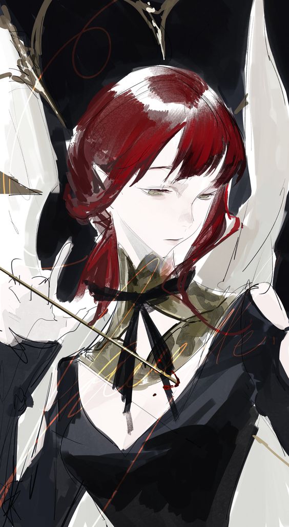 the image shows a woman with long red hair and pale skin. she wears a black and white dress with gold accents and a black bow tie at her neck. she also appears to have white feathery wings. the woman is holding a golden bow and arrow. the background is dark and the image has soft lighting. the image has a fantastical and elegant feel.