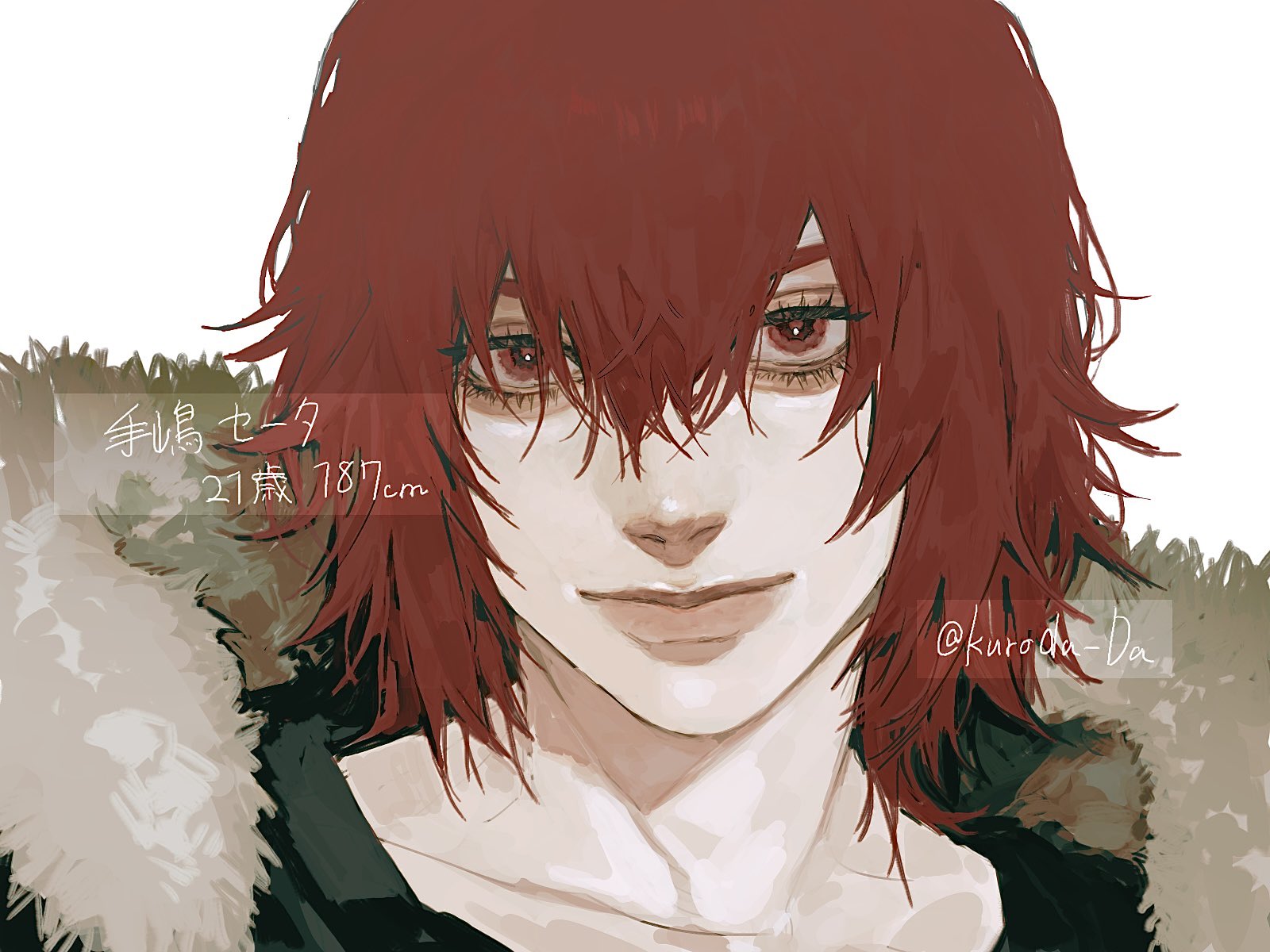 this is an animestyle portrait of a young man with vibrant red hair and captivating red eyes. the man is depicted from the shoulders up, with his head slightly turned to the side.  he has a subtle smile.  he has a fur collar over a dark shirt.  the background is white.
