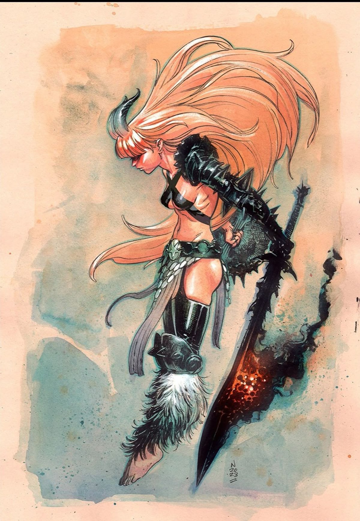 a watercolor style illustration of a warrior woman with long, flowing blonde hair and horns, wearing a black bikini top, spiked shoulder armor, and thighhigh boots with fur trim. she carries a large, dark sword with a fiery core and a spiked shield. the background is a mix of orange, brown, and blue washes.