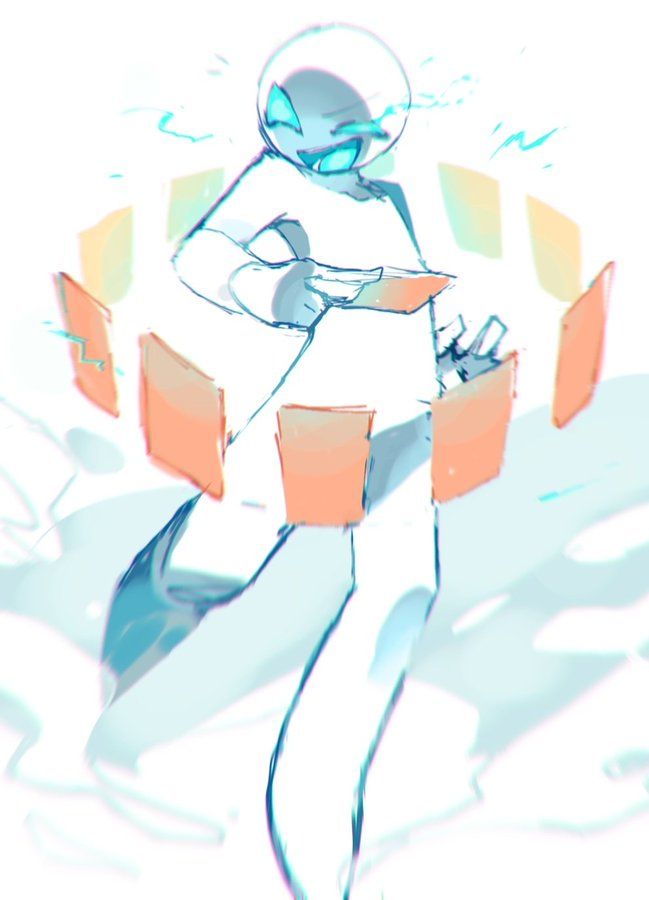 an anime character is standing in the middle of a circle of cards. he is wearing a white suit and has a blue and pink aura around him. he is holding a card in his hand and looks like he is about to perform a magic trick. the background is a white and blue abstract design.
