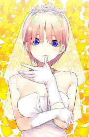 an animestyle image of a woman wearing a wedding dress, gloves, and a veil with a tiara. she has short pink hair and blue eyes, and is holding a finger to her lips. the background is filled with yellow flowers.