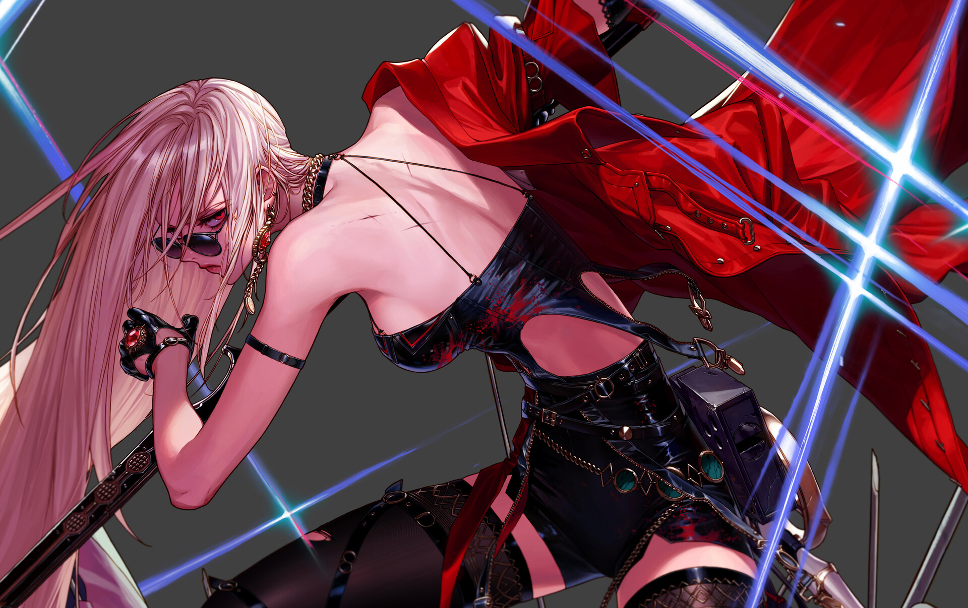 a woman in anime style, with long white hair, red eyes, and sunglasses, wearing a black dress with cutouts, a red jacket, jewelry, gloves, thigh high stockings, and accessories, holding a sword. the image has a futuristic and fantasy feel.