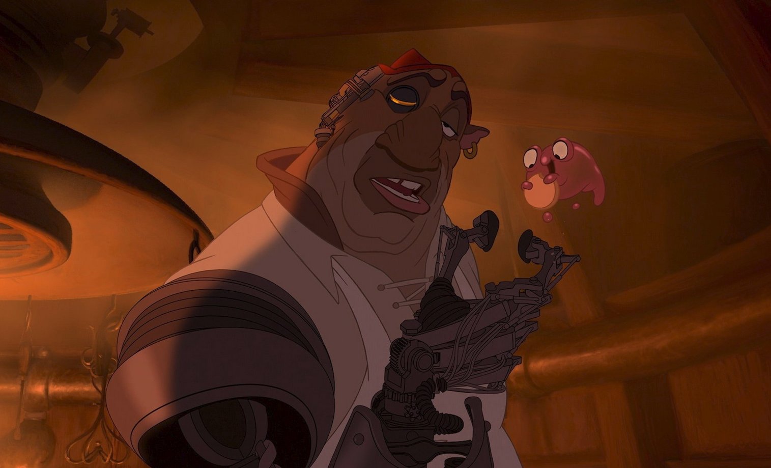a onearmed pirate in an animated film is surprised by a flying, fishlike creature. his face is shocked, his mouth is open, and his eyebrows are raised. he is standing in an interior space made of wood and metal,  and his one robotic arm is  extended towards the creature.