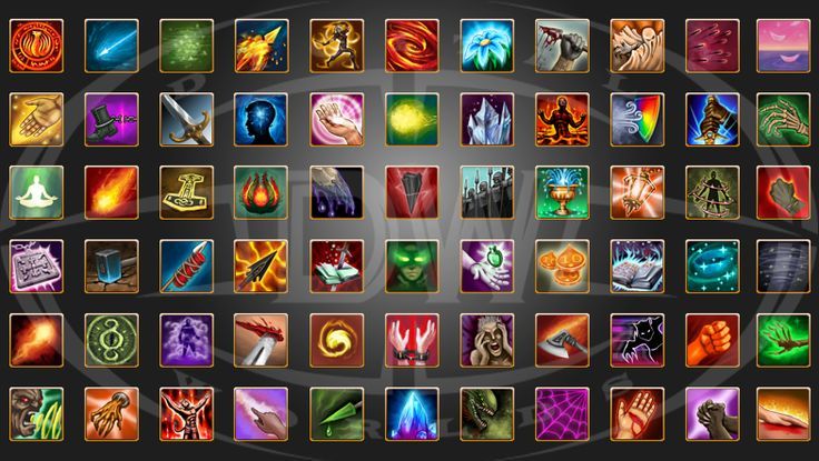 this is a screenshot of a video game's menu interface. there are many different icons of symbols, weapons, items, and other elements from the game. these symbols may represent spells, abilities, skills, or other powers that the player can use in the game. the symbols are arranged in a grid, likely on a menu screen that allows the player to choose their actions.