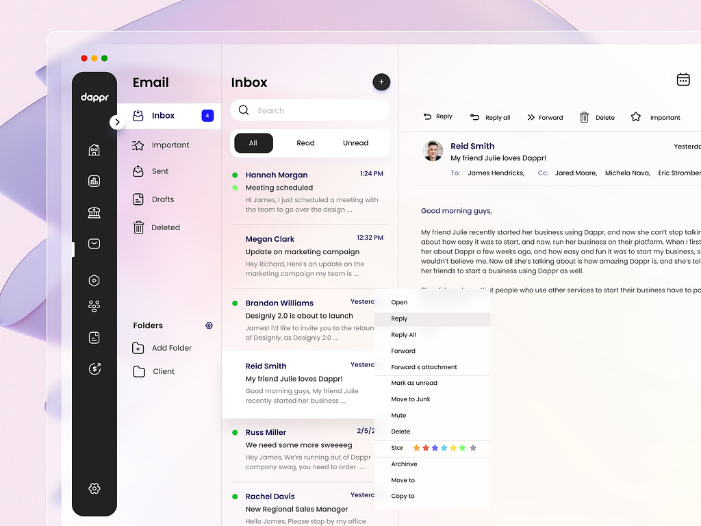 the image showcases a clean and modern user interface of an email client called "dappr". the left side features a sidebar with navigation options like inbox, sent, drafts, deleted folders, and a dedicated section for client communication. the central part displays an open email thread titled "my friend julie loves doppr" with a preview of the message content. the email discusses a user's positive experience with the "doppr" platform for starting and managing a business. several interactive elements are visible, including buttons for replying, forwarding, creating new emails, marking as important, and managing the email through actions like moving to junk or archiving. the design employs a light and airy color palette with pops of color for interactive elements, creating a visually appealing and userfriendly experience.