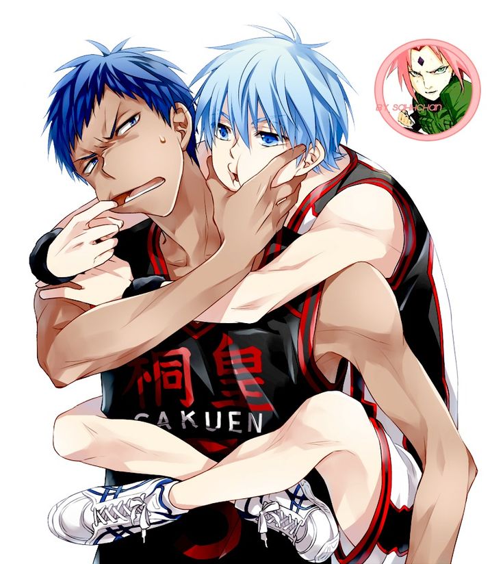 the image is a piece of fanart depicting kuroko tetsuya and kagami taiga from the anime and manga series kuroko no basuke.  kagami is carrying kuroko, who has his arms wrapped around kagami's neck.  both are in their seirin high school basketball uniforms. the style is typical of anime/manga fanart, with expressive linework and coloring. a small inset shows a character resembling sakura haruno from naruto. the overall mood is romantic and suggestive of a close relationship between the two characters.