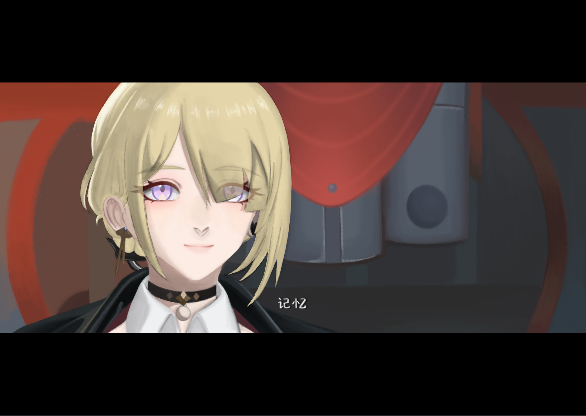 the image is a digital illustration or artwork depicting a young animestyle girl with blonde hair and striking purple eyes.  she's wearing a black jacket over a white shirt, a choker necklace, and earrings. her expression is a gentle smile. the background suggests a futuristic or possibly scifi setting with a red cloth and gray metallic elements visible behind her.  there's a small amount of japanese text visible near the bottom center of the image. the overall style is polished and the character design is quite detailed.