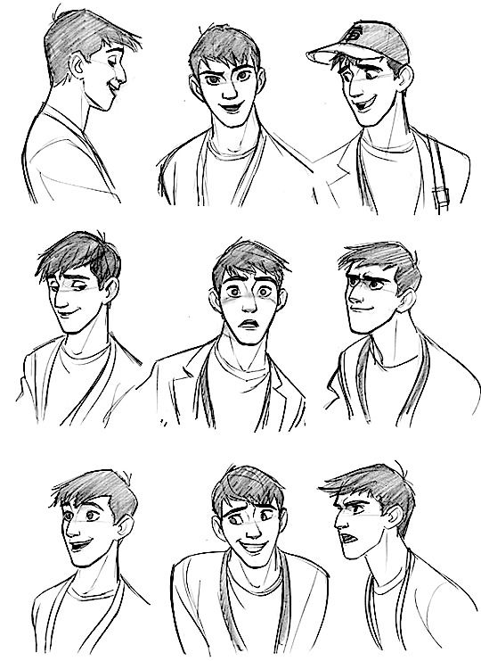 nine pencil sketches of a male character's head and shoulders, demonstrating different facial expressions and angles. the style is reminiscent of animation or cartooning.