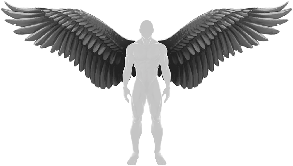 the image is a grayscale digital illustration or artwork depicting a humanlike figure with a pair of exceptionally large, dark grey or black angel wings.  the figure itself is rendered in shades of grey, giving a somewhat anatomical or skeletal feel, while the wings are highly detailed and realistically textured, suggesting feathers. the figure stands centrally, with wings spanning widely, creating a symmetrical composition against a white background.  the overall style evokes a sense of power and majesty, perhaps suggesting a dark angel or fallen angel theme.