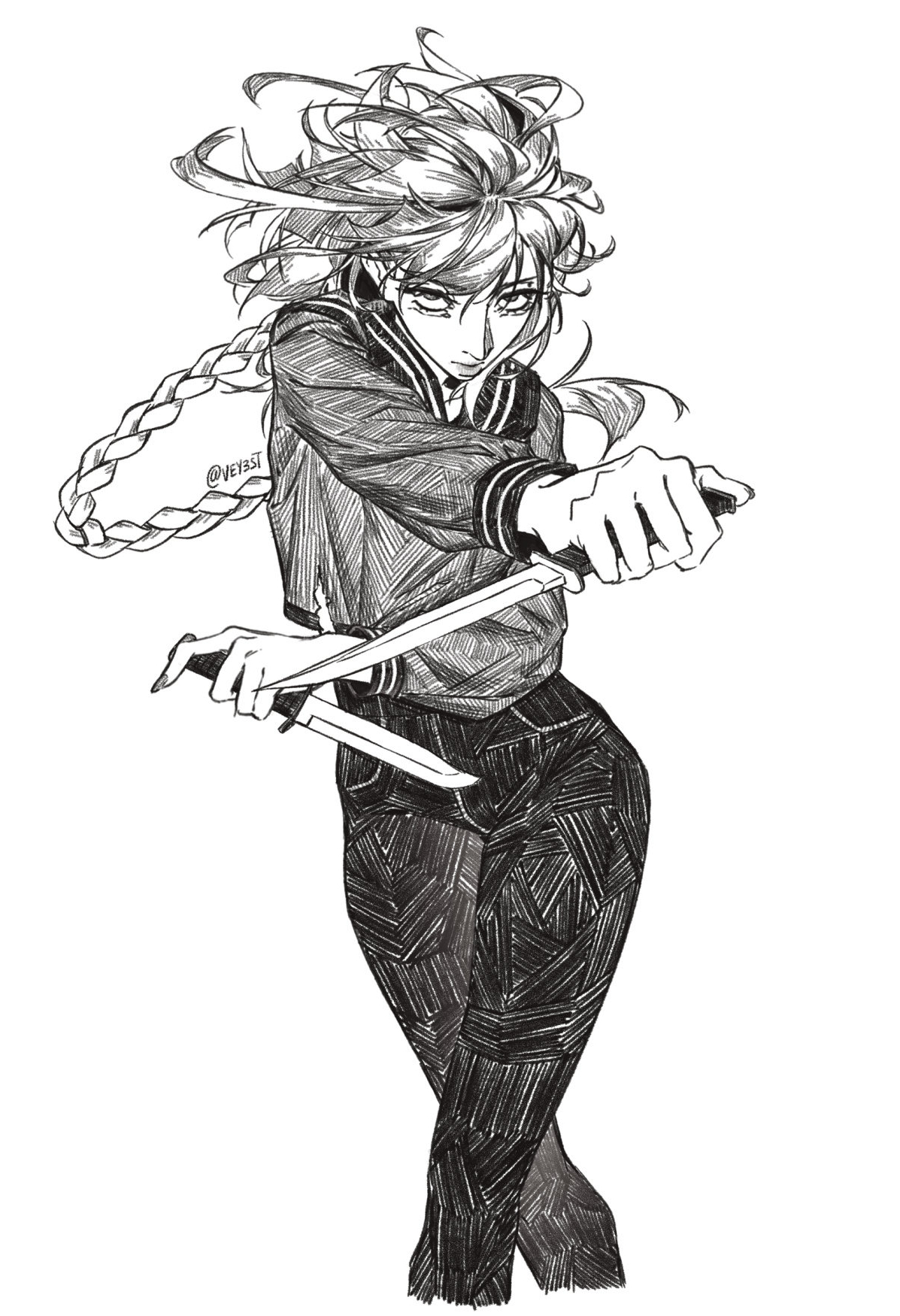 a black and white drawing of a woman holding two knives in a defensive pose. she has messy hair, a braid, and is wearing a jacket and jeans.