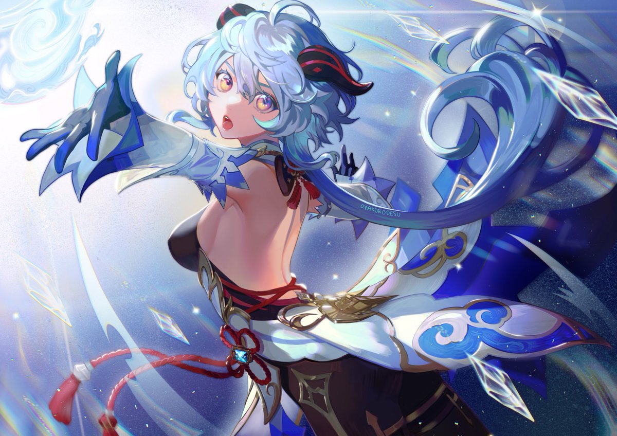 the image is a colorful anime style illustration of a young woman with long blue hair,  blue eyes,  and a determined expression,  attacking with a weapon. she is wearing a white  and blue outfit with red ribbons and has a powerful,  magical look about her. the background is a bright blue and white swirl with floating crystals. the image gives a feeling of energy and power,  as if the woman is about to engage in a fierce battle.