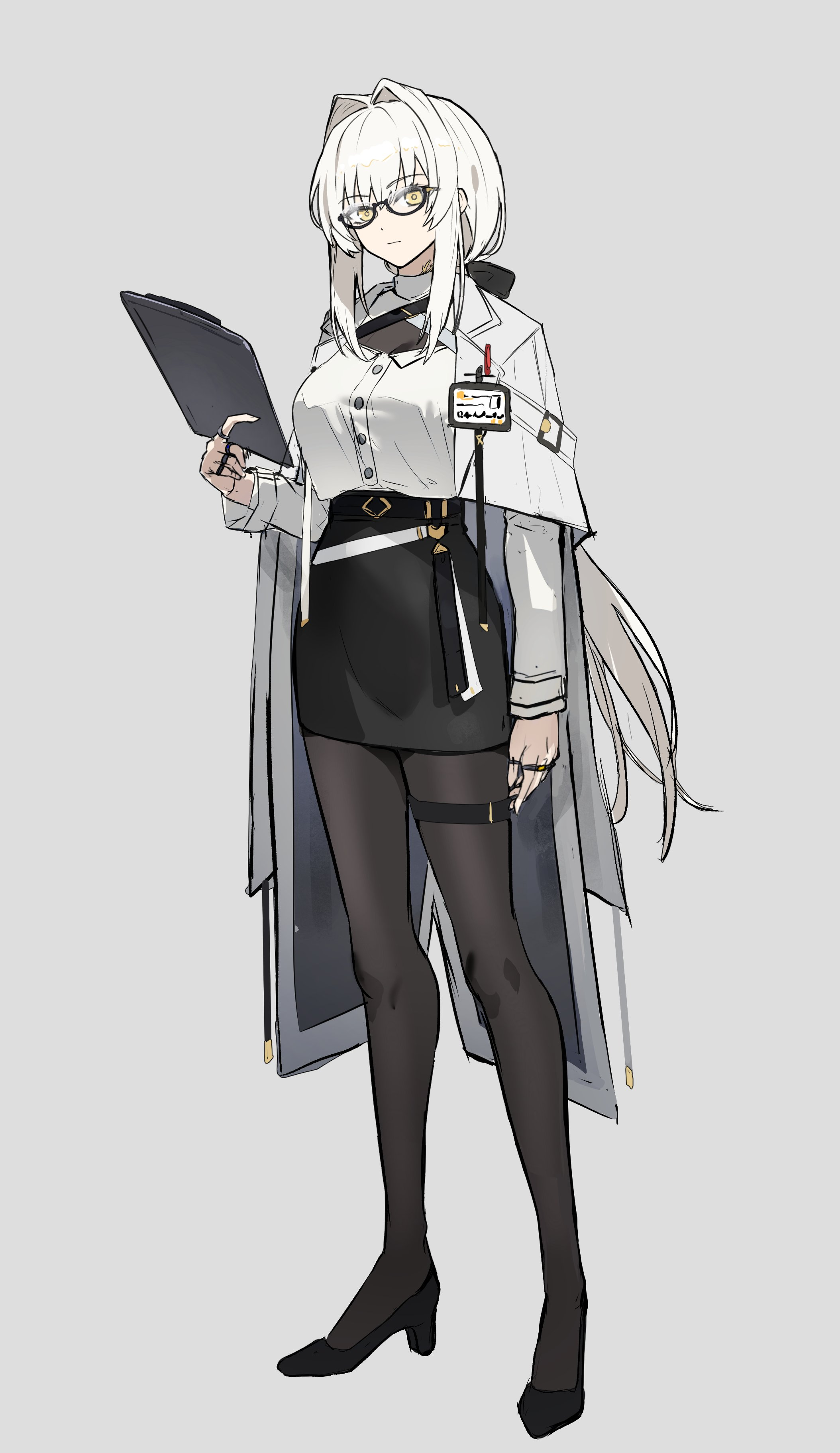 he image is a drawing of a young woman with long white hair and glasses. she is wearing a white lab coat over a white shirt, black skirt, black stockings, and black heels. she is holding a clipboard in her left hand and has a badge on her lab coat. she is standing with her feet slightly apart and her head tilted to the side. the background is a light gray color.