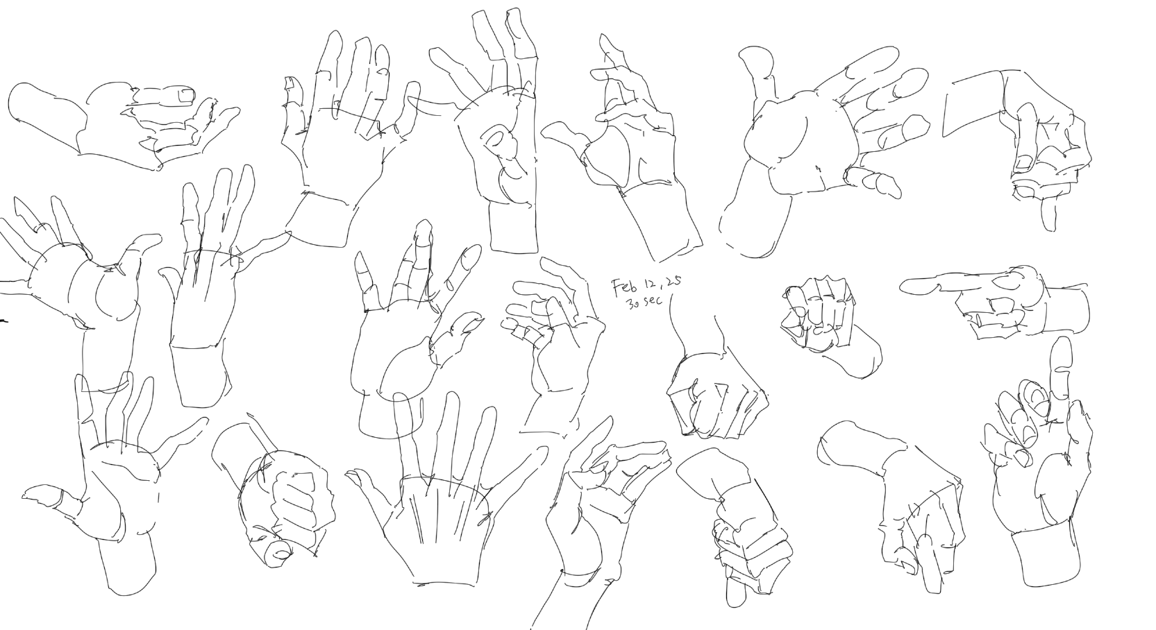 a collection of line art hand sketches in various poses and angles. the sketches appear to be gesture drawings or studies of hands.