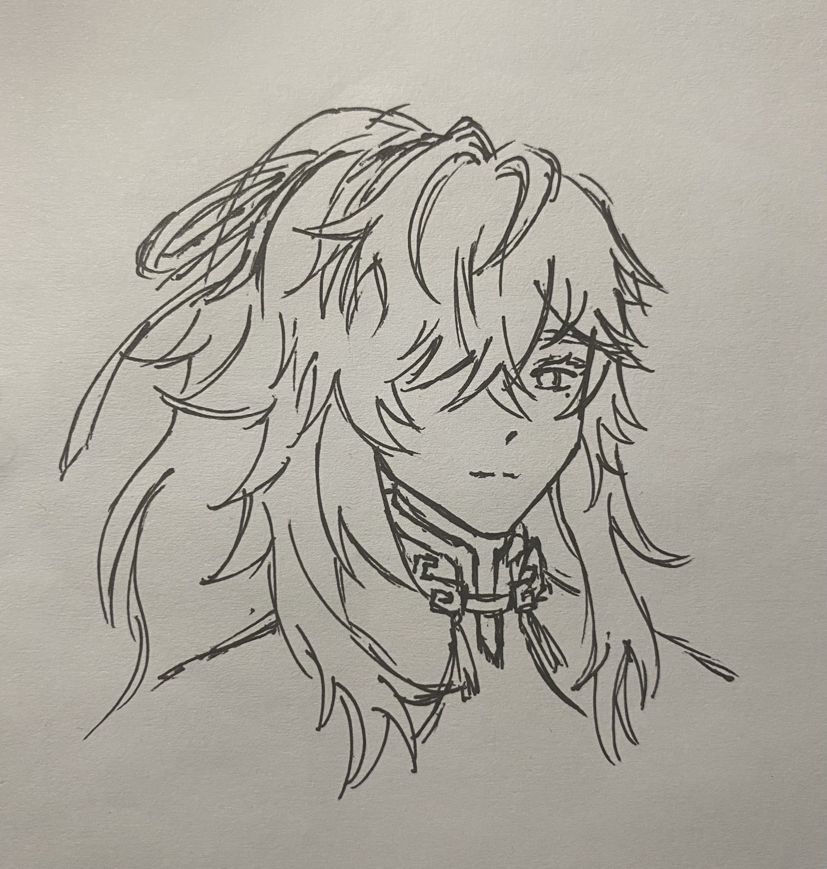 the image is a penandink sketch of an anime or mangastyle male character. he has long, flowing white hair that's intricately detailed, and he's wearing a highcollared garment suggestive of traditional east asian clothing. the style is expressive, focusing on line work to convey detail and emotion in the character's face and hair. the overall mood is elegant and somewhat mysterious, enhanced by the grayscale palette and the character's somewhat pensive expression. the drawing is done with precision and shows skill in capturing the flow of the hair and the subtleties of facial features.