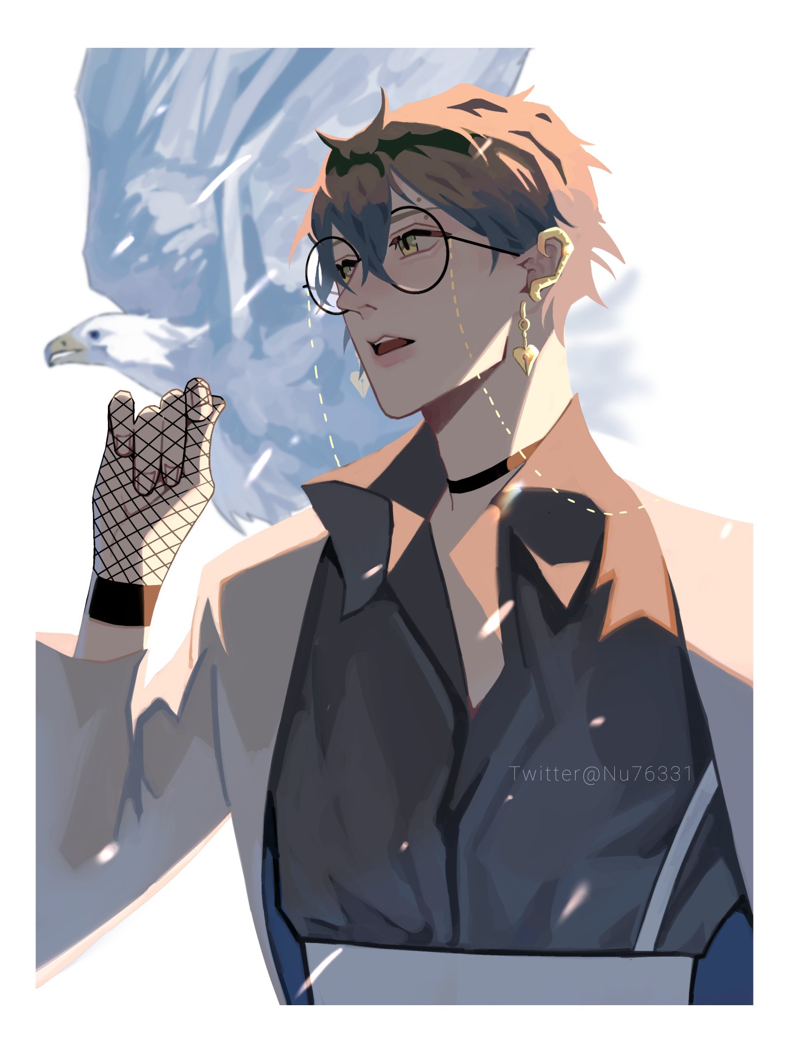 an anime character with brown hair and green eyes is smiling and looking to the right. he is wearing a white shirt, black jacket, and a black glove on his left hand. he has round glasses and gold earrings. there is a white eagle with blue feathers flying in the background.  there are snow flakes floating in the air.  the art style is digital and colorful.