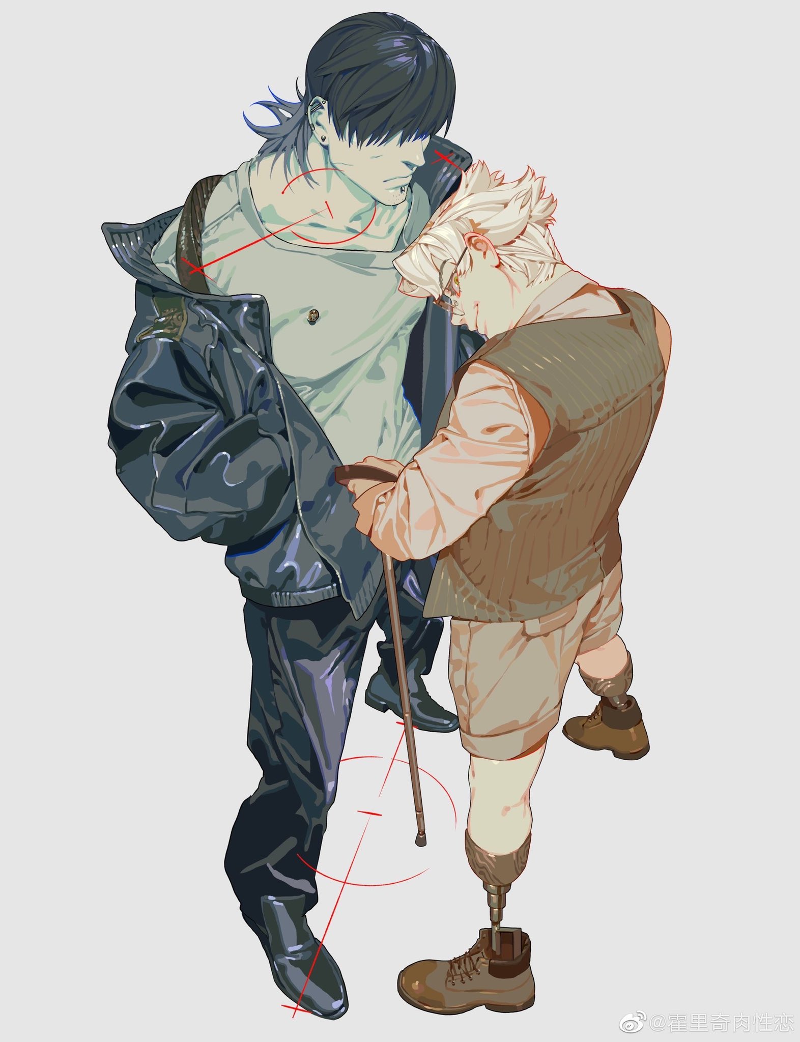 the image depicts two men in an anime style. one is taller and stands straight, sporting a mullet hairstyle, a dark jacket, and a piercing. the other man is shorter, leaning on a cane, and has prosthetic legs. he wears a vest. the image evokes a sense of tenderness and a supportive relationship between the two characters.