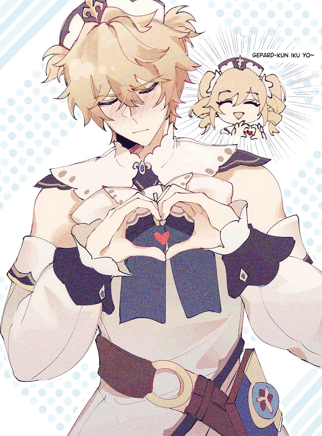 the image is a fanart of gepard from genshin impact in an anime style. he is making a heart gesture with his hands, with a small red heart in the center. he has blonde hair and is wearing a white and blue outfit. next to him is a smaller image of barbara, also from genshin impact, looking excited and making the same heart gesture. there is text above her that reads "gepardkun iku yo~". the background has blue dots.