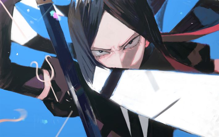 the image depicts a young woman with long black hair and serious expression. she is holding a katana, ready for battle. she is dressed in a white collared shirt and black pants, with a red scarf around her neck. the image is set against a blue background, with a dynamic composition that suggests movement and action. the woman's sharp eyes are focused on her target, and she appears to be determined to win the fight. the image is rendered in a stylized anime style, with smooth lines and vibrant colors.