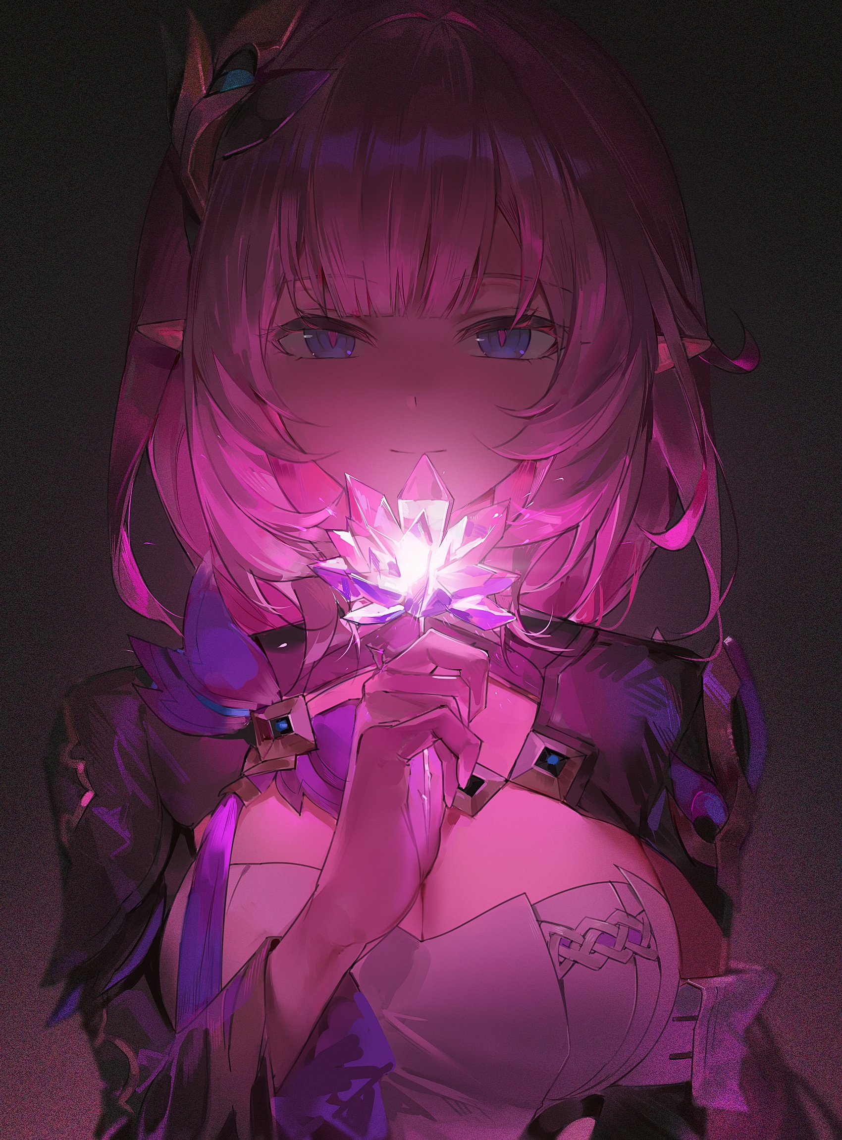 the image shows an animestyle girl with pink hair, blue eyes, and elf ears, holding a glowing crystal in front of her face. she is wearing a white outfit with purple accents and a dark jacket. the background is dark and undefined, focusing the attention on the girl and the crystal. the crystal is the primary light source in the image, casting a glow on the girl's face and clothing.