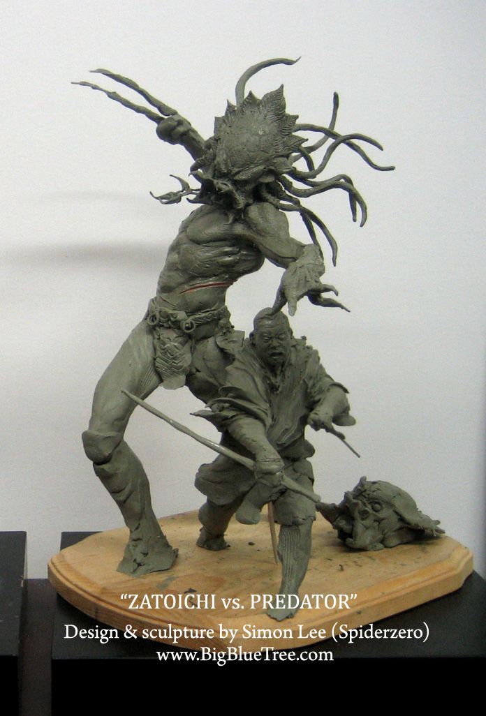 a gray clay sculpture on a wooden base depicts a battle between zatoichi, a blind swordsman, and a predator. the predator stands over zatoichi, who is crouched and wielding a sword. the predator's hand is raised in the air, and it appears to be about to strike. the sculpture is highly detailed and realistic.