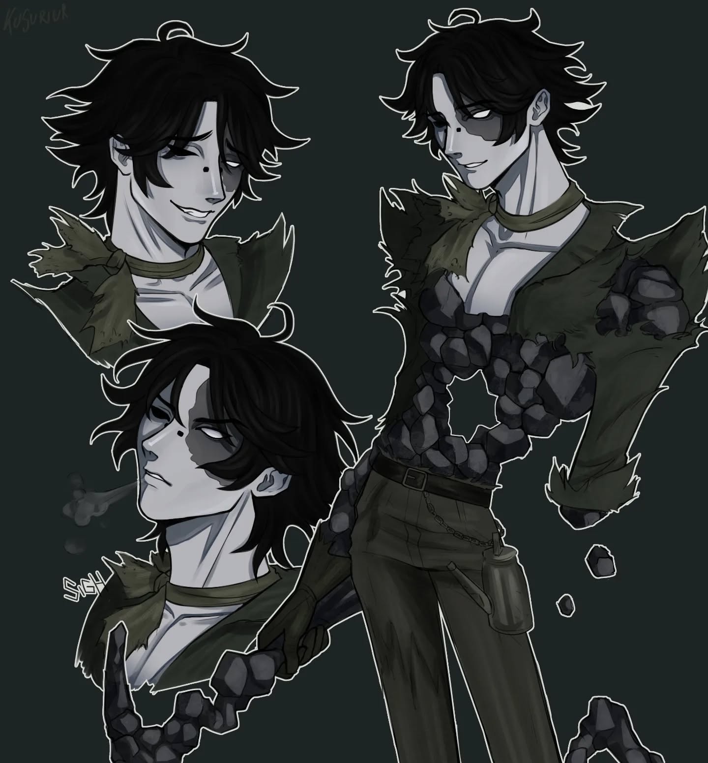 the image is a digital fan art piece featuring a male character depicted in multiple views. the main figure is presented from the chest up in a full body view,  revealing a body partially replaced with grey and black stones. he wears dark, tattered clothing including what appears to be a collared shirt and pants, and a tattered piece of cloth around his neck.  he carries a small, darkcolored canister at his waist. two additional closeup portraits of the character's head and shoulders are included in the image, showing slight variations in expression and angles. the overall aesthetic is dark, moody, and stylistic, hinting at a gothic or dark fantasy setting. the artist's signature is subtly included on the artwork.