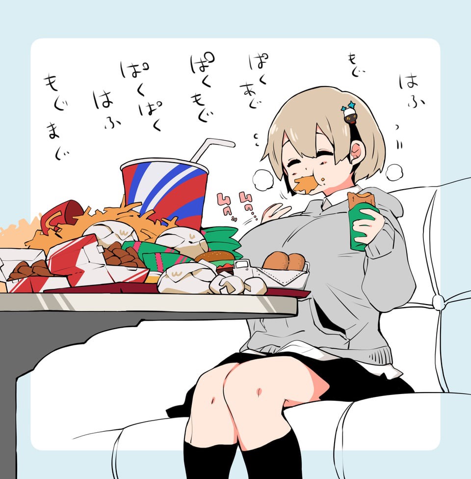 an anime girl is sitting on a white couch, wearing a grey hoodie, black shorts, and black thighhigh socks. she is eating a burger and fries from a large spread of fast food. the food is on a table in front of her. she is smiling and seems to be enjoying her meal. there is a straw sticking out of a soda cup.