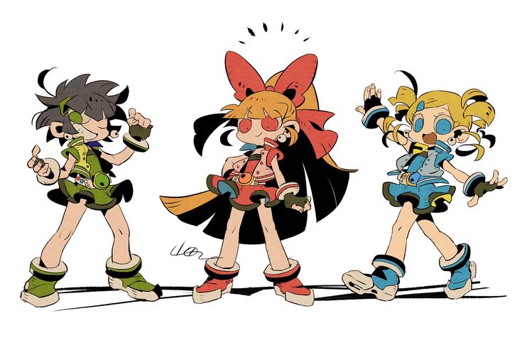 the image is a stylized cartoon illustration of three girls, reminiscent of the powerpuff girls, but with a unique and significantly altered artistic interpretation.  each girl has a distinct outfit and personality conveyed through their poses and expressions. the style is bold, employing vibrant colors and thick outlines, lending a dynamic and almost energetic feel to the characters. the overall impression is a fun, playful, and slightly edgy take on the classic powerpuff girls concept.  the art style is clearly not the original powerpuff girls style, but a deliberate reimagining.