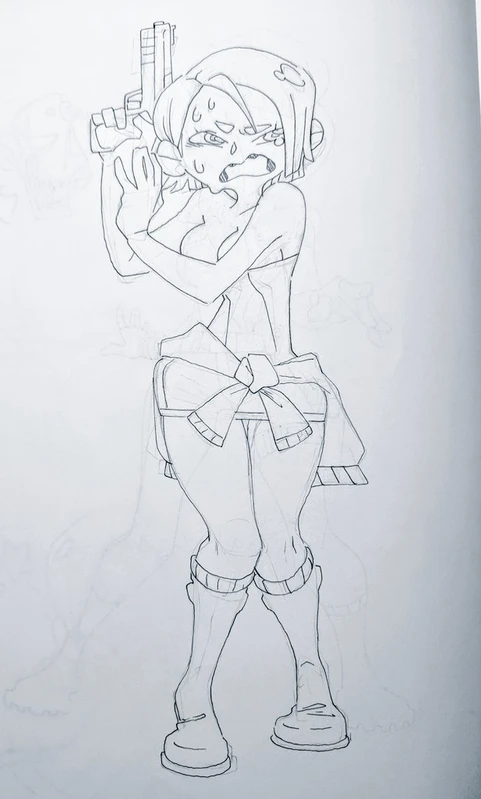 this is a sketch of a girl holding a gun. she is in a very scared pose with a distressed look on her face. she has messy hair and is dressed in a skirt and boots. her drawing is a bit messy, but her character design has nice details.