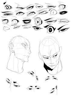 the image is a black and white drawing of various eyes and faces. it appears to be a tutorial or reference for drawing eyes and heads from different angles. there are many different eye shapes and sizes depicted, along with a few heads demonstrating how to place the eyes on the face. the drawings are in a sketchy style, with lines of varying thickness and some shading. the background is white.