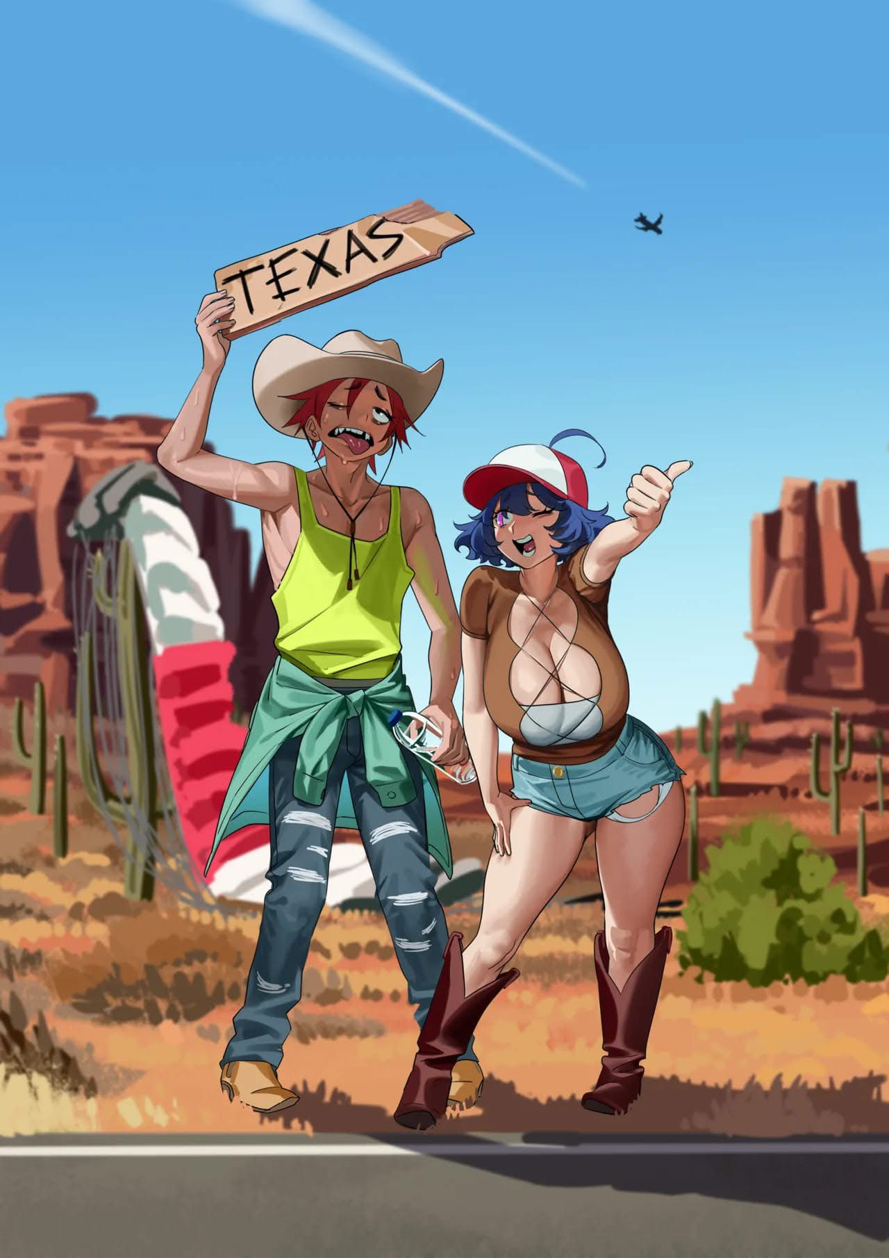 the illustration depicts an animestyle man and woman hitchhiking in the texas desert. the man, dressed in a cowboy hat and ripped jeans, holds a "texas" sign. the woman, in a cowgirlstyle outfit, gives a thumbsup. they stand on a desert road with cacti and rock formations in the background, under a bright sunny sky. the art style is vibrant and cartoonish, with exaggerated features and a focus on bright colors.  the woman's outfit shows significant cleavage.