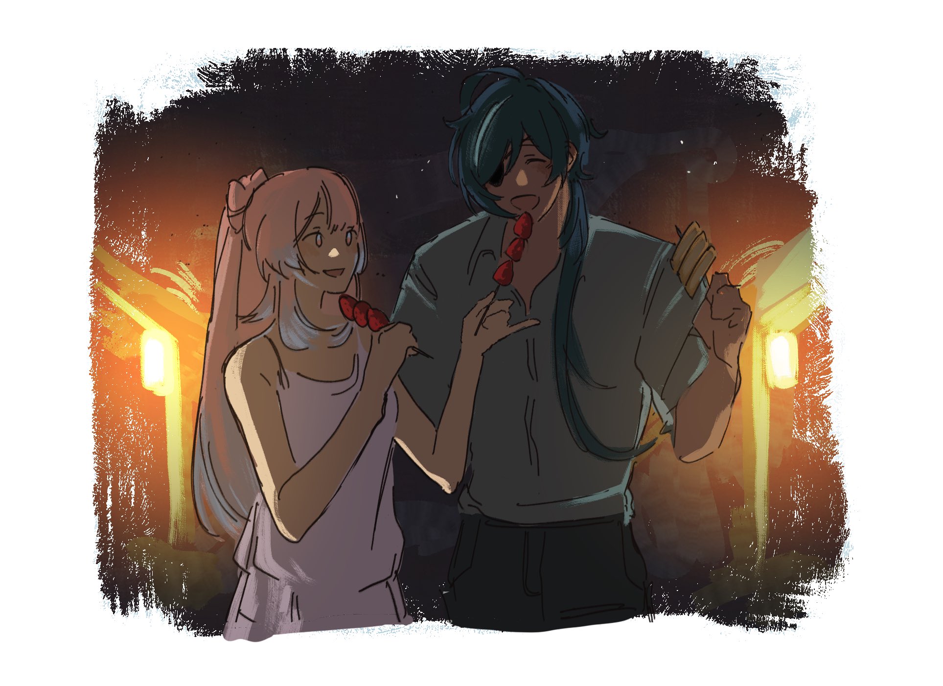 the image shows a man and a woman at a night market, enjoying street food. the man has teal hair and an eyepatch and the woman has light pink hair in a ponytail. they are smiling at each other, enjoying their time together. the scene is lit by warm, artificial light from the festival stalls, creating a cozy and romantic atmosphere.