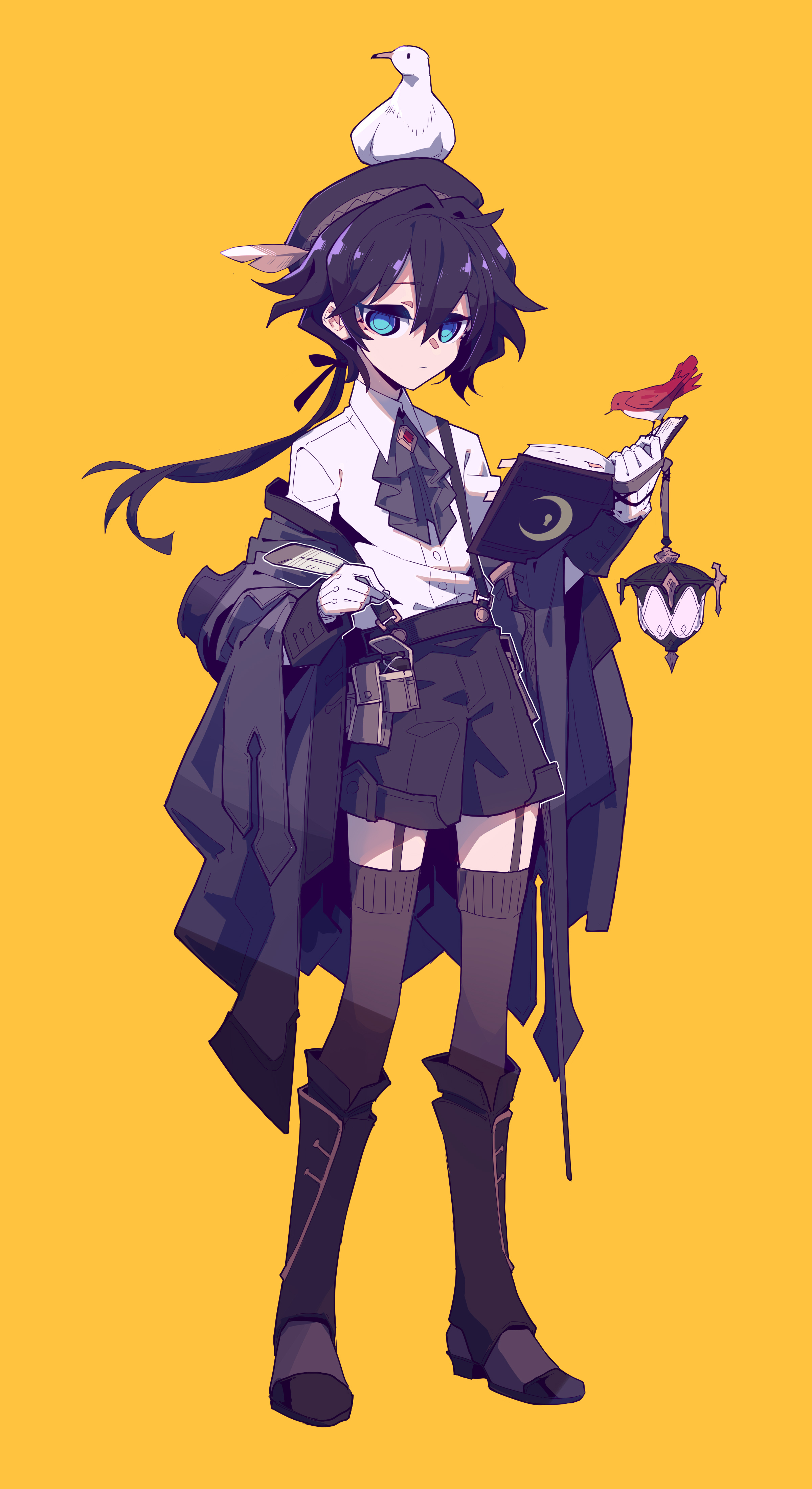 an anime boy with dark hair and blue eyes stands on a yellow background. he is wearing a white shirt, dark shorts, dark socks, and dark boots. he has a black coat draped over his shoulder and wears a black hat with a white bird sitting on top. he is holding a book with a crescent moon on the cover and a lantern with a red bird perched on it.