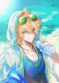 an anime style image depicts a male character with blond hair and green sunglasses. he is wearing a light blue hoodie over a blue shirt and has necklaces. he is drinking from a water bottle, with a beach scene in the background.
