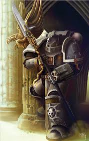 the image depicts a lone warrior, clad in ornate power armor and wielding a large doubleedged sword, standing guard within a stone archway. the armor is predominantly grey and black, with gold accents.  the warrior's helmet is obscured, and a winged skull emblem adorns his knee. the lighting is soft and warm, emanating from the left side of the image, casting the warrior in partial shadow and highlighting the intricate details of his armor. the stonework of the archway suggests a grand and ancient structure, perhaps a temple or fortress.