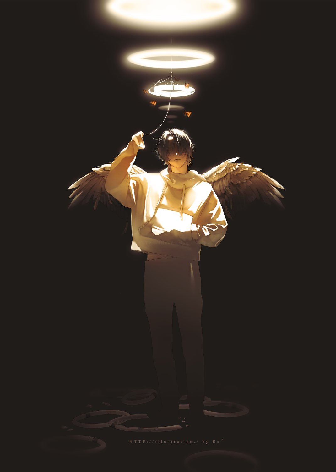 a young man with white feathery wings stands in a dimly lit space. he's dressed in white and holds the string of his glowing halo, which casts a divine light around him. the surrounding darkness emphasizes the ethereal glow emanating from the halo and the faint light outlining his figure.  broken halos lie scattered on the ground beneath him, contributing to the melancholic and mysterious atmosphere.