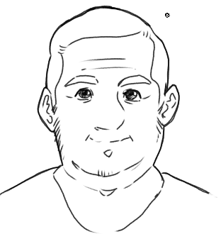 a simple, frontal, black and white line art sketch of a middleaged man's face and upper torso.