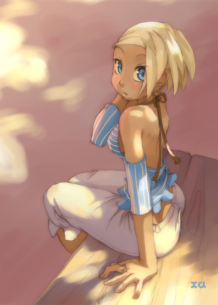 this is a digital drawing of an anime girl. she has long blonde hair and is wearing a blue and white striped top and white pants. she is sitting on a wooden platform with her hand on the ground. she is looking over her shoulder at the viewer. the drawing is done in a soft, pastel style.