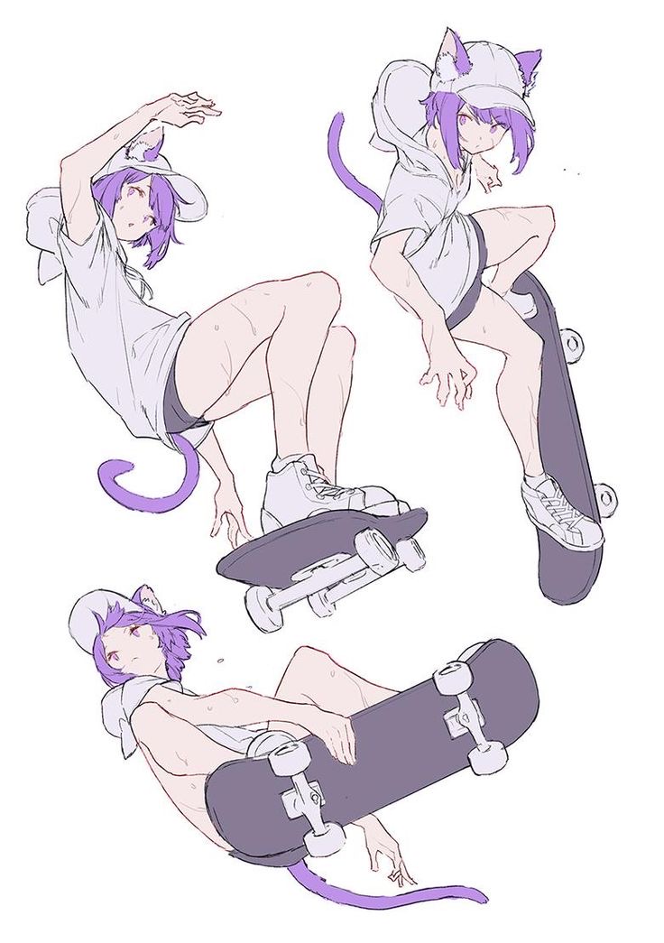 he image contains a dynamic sketch of an animestyled girl with purple hair and cat ears. she's depicted in three different skateboarding poses, each showcasing a different level of movement and energy. the art style is loose and expressive, utilizing a soft color palette of purples, whites, and grays. the girl is wearing a casual hoodie and shorts, emphasizing the relaxed yet active nature of the scenes. the overall impression is one of youthful vitality and effortless cool.