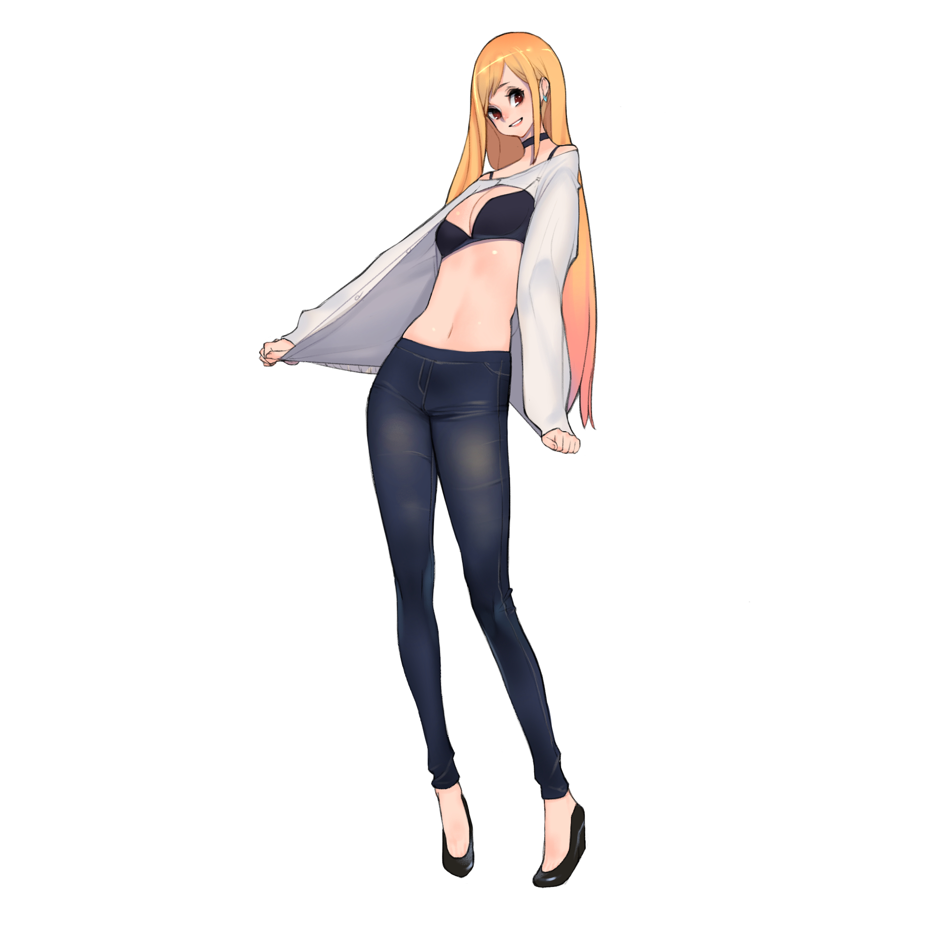 the image is an illustration of a young woman with long blonde hair. she is wearing a white, open buttondown shirt, black bra, formfitting jeans, and black heels. she is posing with a slight smile on her face. the background is a plain white, suggesting a studio setting.