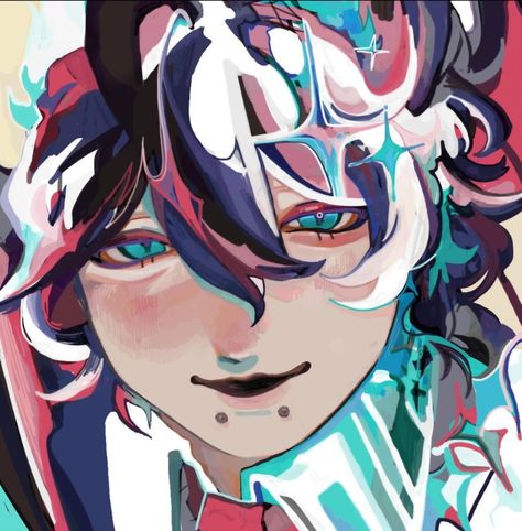 a digital illustration of a young man with colorful hair and heterochromia. the art style is animeinspired and utilizes bold colors and linework. the character is depicted from the shoulders up and has a playful expression.