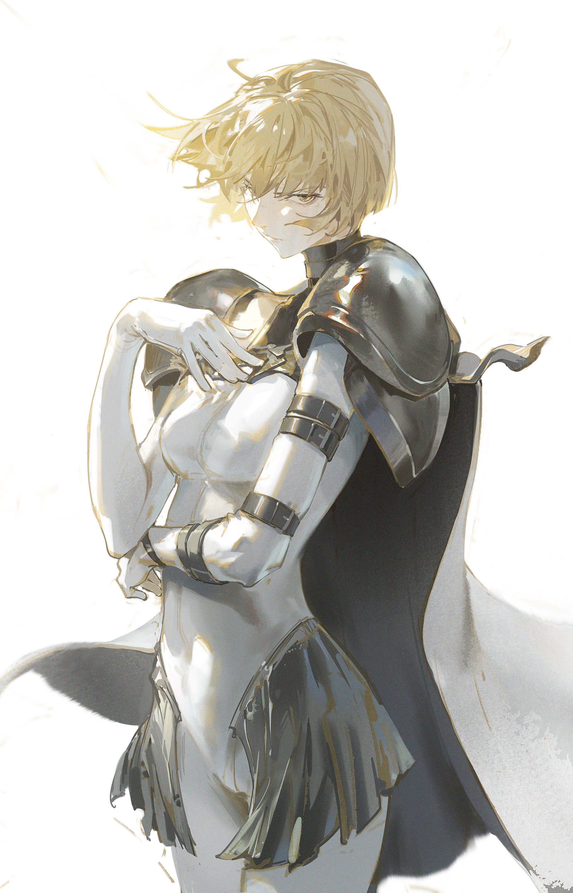 a digital illustration of a young woman with short, blonde hair. she is wearing a white body suit with black and gray armor strapped on her arms and shoulders. she is also wearing a cape. she has her hand on her chest as if she is about to go into battle. she is looking down with an intense expression. the background is a white blur.