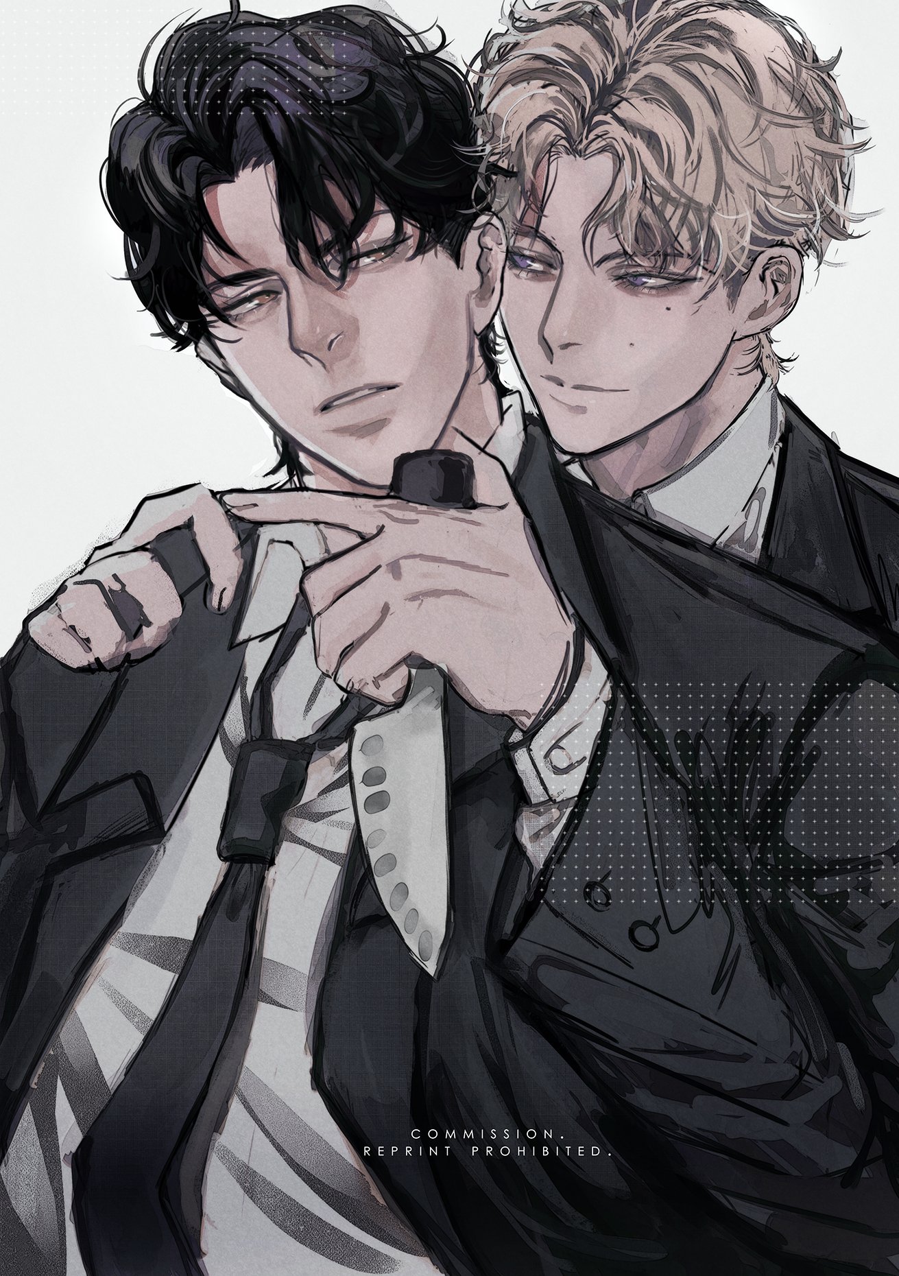 the image depicts two anime men in black suits with white shirts and ties. the man on the left has dark hair and the man on the right has light hair. the man on the right is closer to the camera and is pointing a knife toward the left. both men have serious, intense expressions on their faces.  they are surrounded by a gray background with a white grid pattern. the image suggests a scene of intense tension and potential violence.