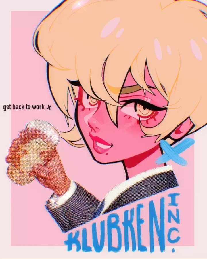 the image is a vibrant digital illustration of a stylized animestyle woman with short blonde hair. she's depicted wearing a dark business suit and holding a drink (possibly coffee or alcohol) in a paper cup. the background is a soft pink.  bold text, "klubken inc.", is featured prominently in blue, with a slightly graffitilike style.  the phrase "get back to work ✖" appears in a smaller, more subtle font in the upper left. the overall style blends elements of retro aesthetics, anime, and pop art. the woman's expression is confident and slightly sassy.  the color palette is bold, using contrasting shades of pink, blonde, and blue.