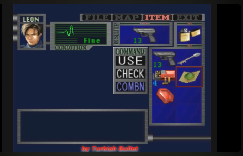 the image is a screenshot from the video game resident evil 2. it shows the inventory screen of the main character, leon s. kennedy. the screen displays leon's portrait, health status, and the items he is currently carrying. these items include a handgun with 13 rounds of ammunition, a lighter, a key, a green herb, a red herb, and a first aid spray. the screen also shows the available commands: use, check, and combn. the words "by turkish bullet" are visible in the bottom right corner, likely indicating the source of the screenshot.