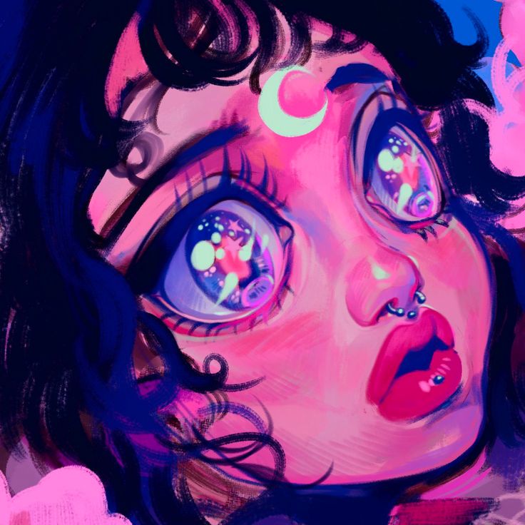 a digital illustration of a girl with large, expressive eyes staring at the viewer. her eyes are filled with galaxies and stars, suggesting she's gazing into the cosmos. her lips are full and red, and her nose is pierced with rings. the girl's hair is a dark blue and purple, framing her face. the background is a blurred pink and blue, creating a dreamy and whimsical atmosphere.