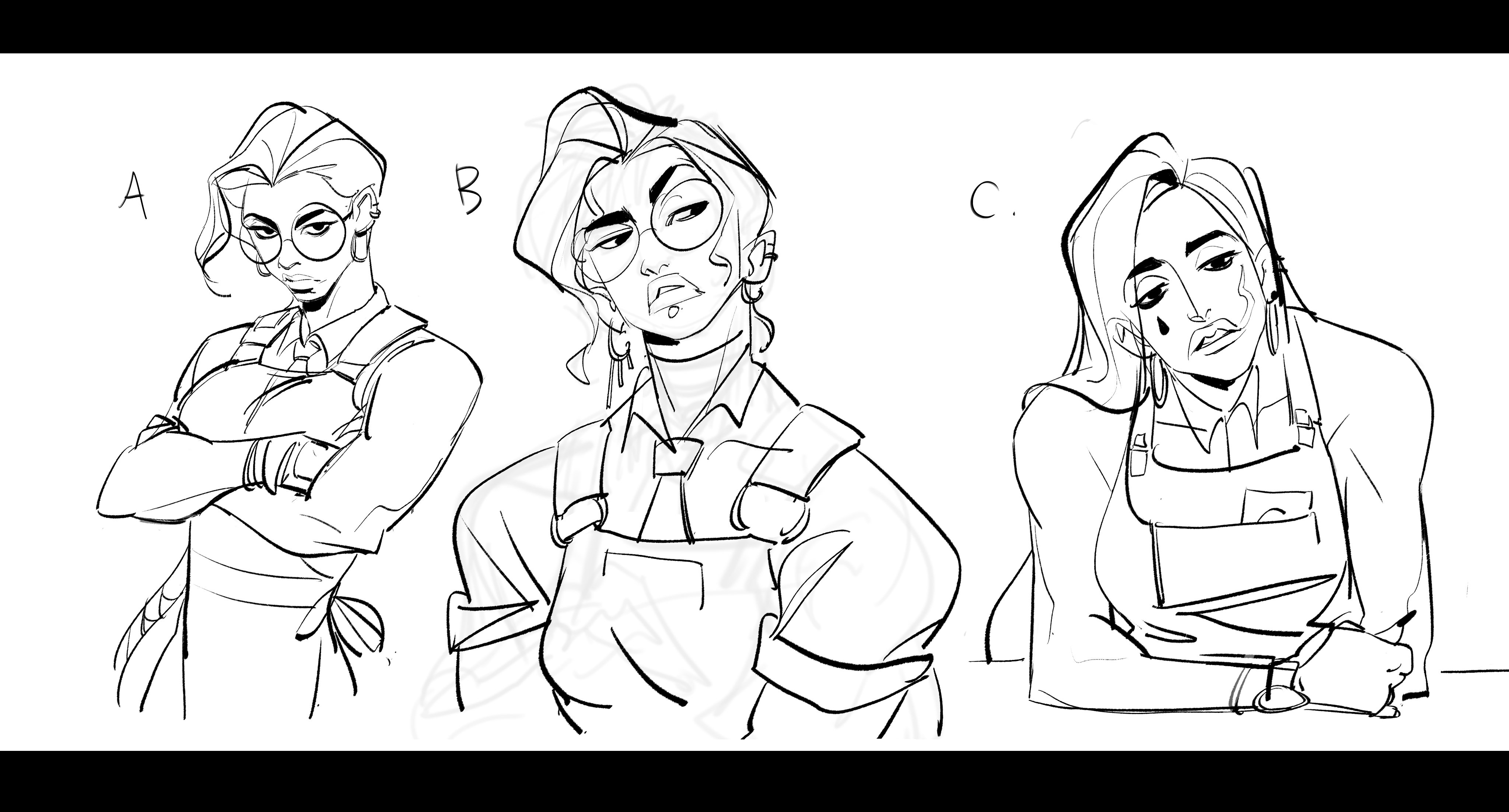 the image contains three sketches of a female character wearing an apron and glasses, possibly a bartender or waitress.  each sketch (labeled a, b, and c) shows the character in a different pose and with slightly varied features. the style is loose and expressive line art.  sketch a shows the character with her arms crossed, b shows her with her hands on her hips, and c shows her leaning on a surface.