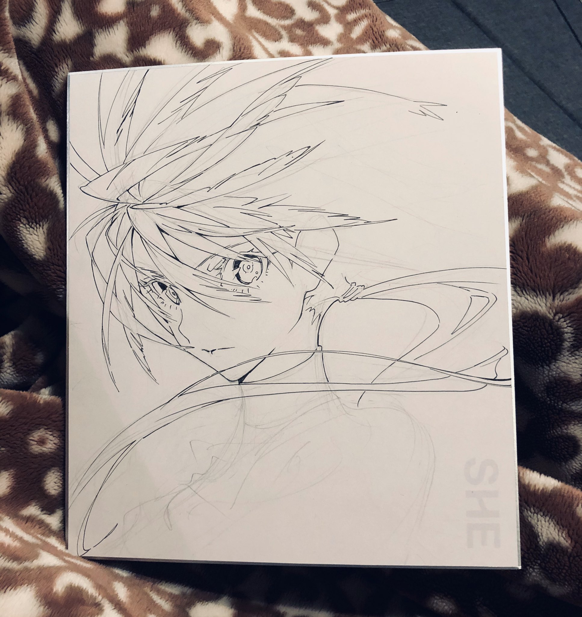 an unfinished, blackandwhite mangastyle illustration of a young man with intense eyes and spiky hair. he's positioned slightly turned, offering a side profile view, and his gaze is directed towards the viewer. the artwork, signed "she," exhibits expressive line work and suggests a dynamic character design. it rests on a textured brown blanket.