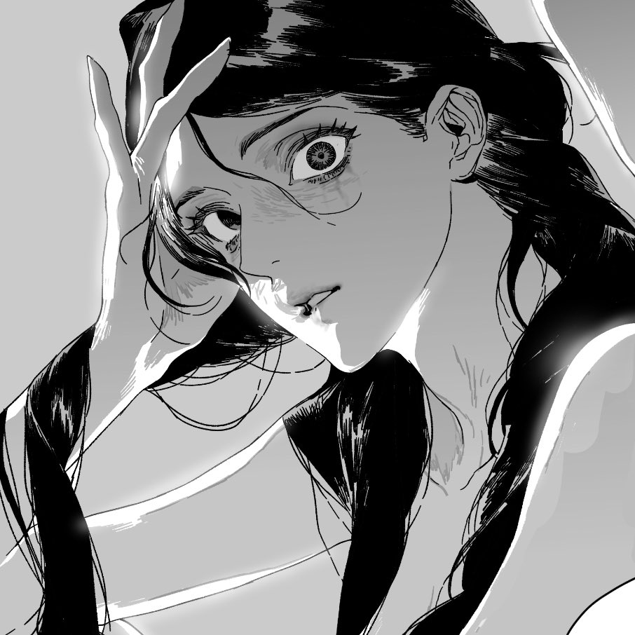 a black and white mangastyle portrait of a woman with dark hair, her hand raised to her forehead in a gesture of surprise or distress. her eyes are wide and expressive, conveying a sense of fear or shock.