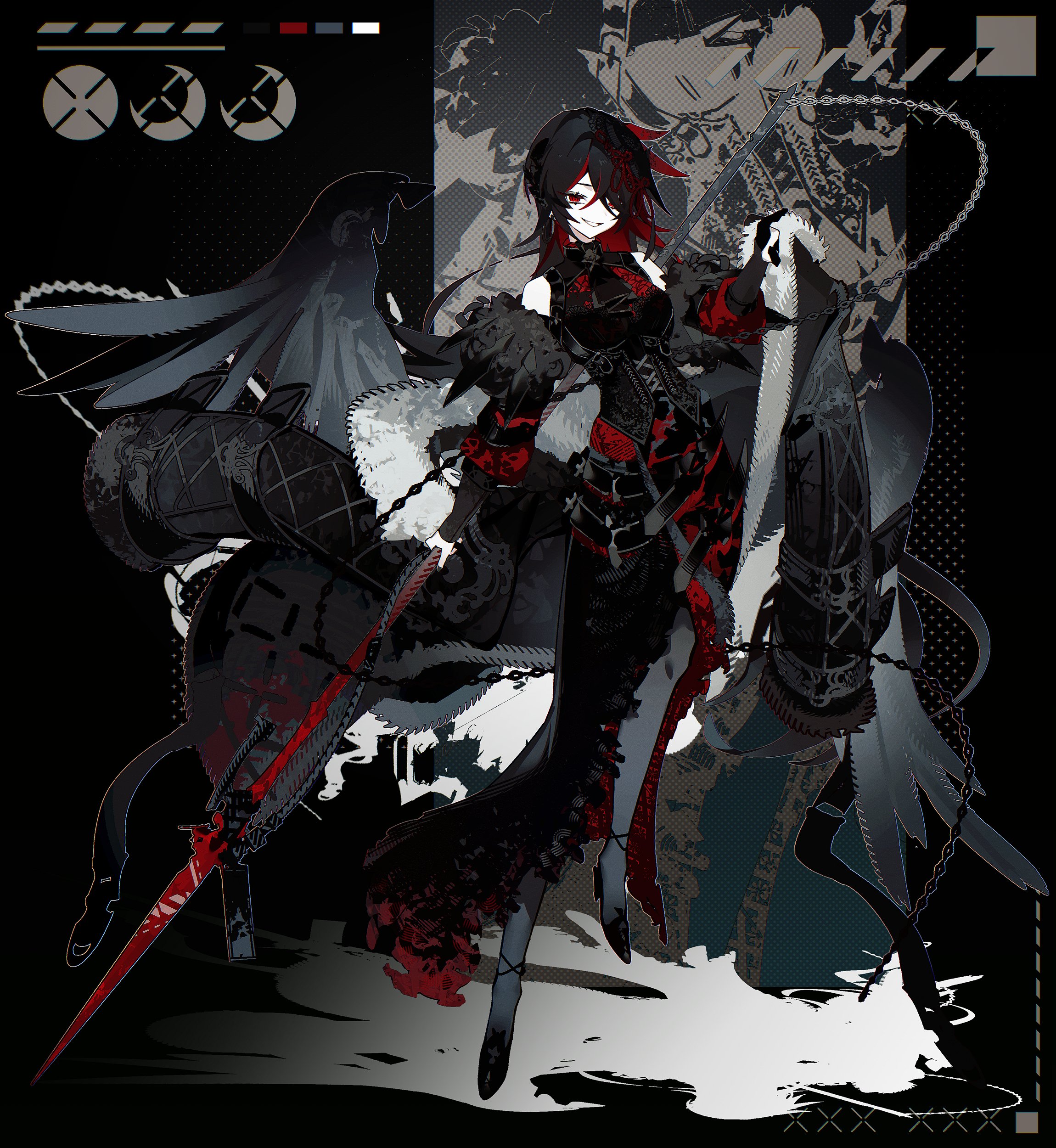 the image showcases a female warrior, depicted in a dark fantasy anime/manga style. she stands poised with a determined expression, clad in black and red attire adorned with intricate details. her weapon of choice, a large red and black sword, complements her attire and adds to her fierce aura. black feathery wings extend from her back, further emphasizing her otherworldly nature. the background is stylized with abstract shapes and patterns in shades of black, gray, and red, enhancing the overall dark and dramatic atmosphere.