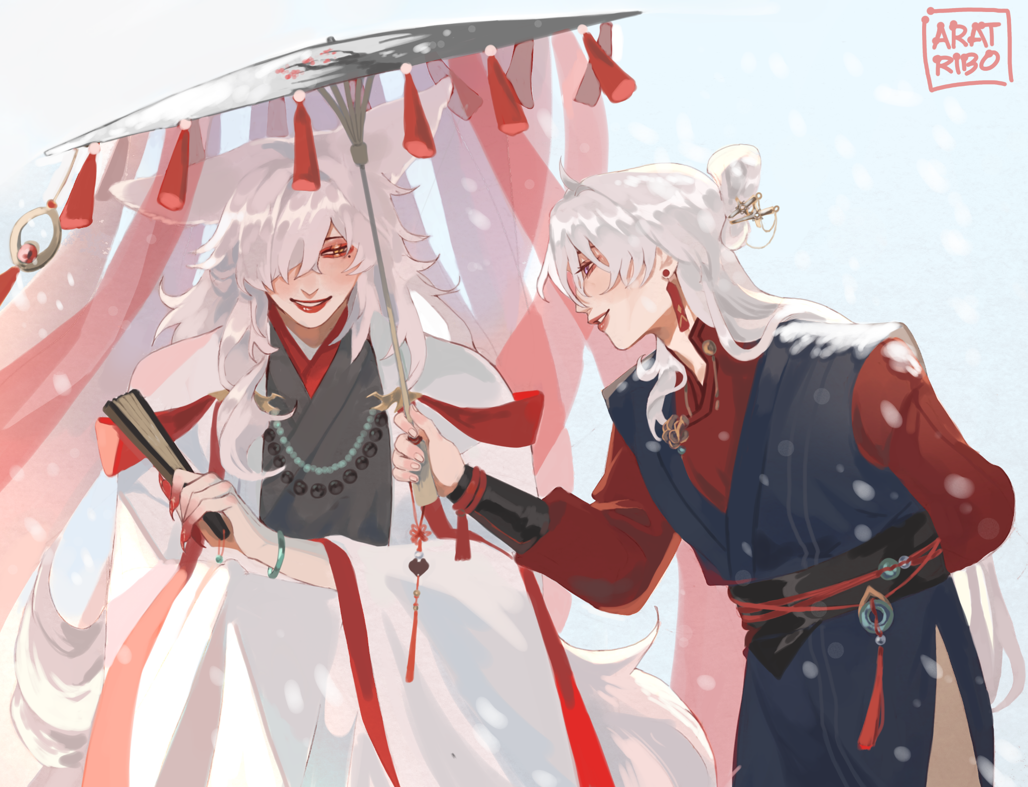 the image is a beautiful illustration of two anime characters dressed in traditional japanese clothing. the characters are in front of a snowy background and are holding an umbrella. the character on the left is dressed in a white kimono with red accents, while the character on the right is dressed in a red kimono with blue accents. both characters have long, white hair and are smiling. the illustration is done in a soft, pastel color scheme and has a very calming and peaceful feel.